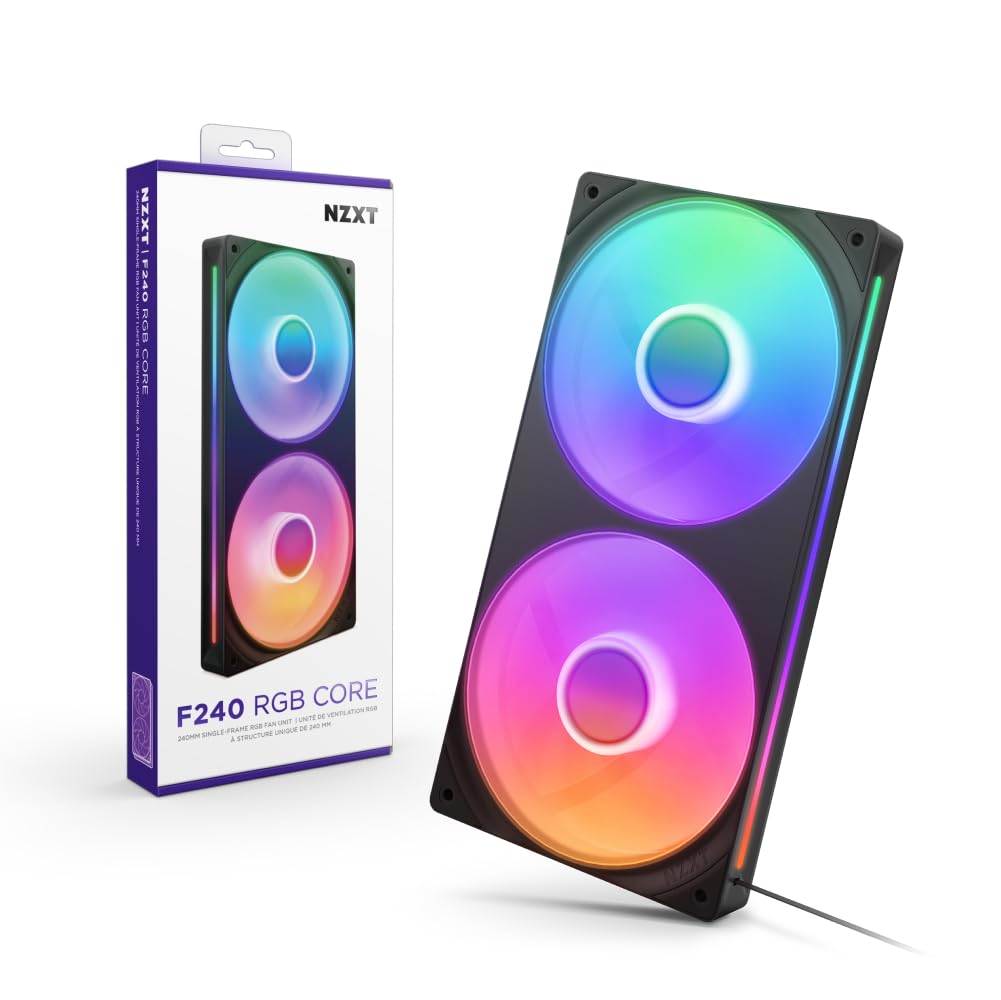 NZXT F240 RGB Core - 240mm Single-Frame Fan Unit with 2 x 120mm RGB Fans - Speed & Lighting Control - High Static Pressure & Airflow - Fluid Dynamic Bearings - 8 aRGB LEDs Per Fan - Black