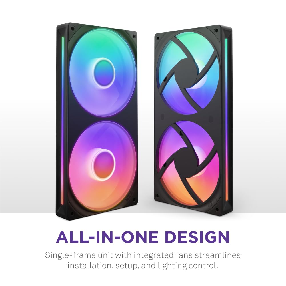 NZXT F240 RGB Core - 240mm Single-Frame Fan Unit with 2 x 120mm RGB Fans - Speed & Lighting Control - High Static Pressure & Airflow - Fluid Dynamic Bearings - 8 aRGB LEDs Per Fan - Black