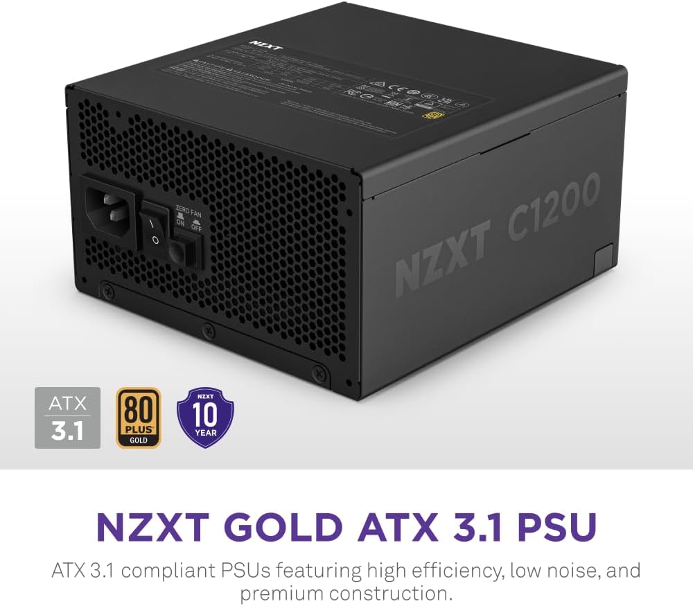 NZXT C1200 Gold ATX 3.1 - Fully Modular Low-Noise PC Gaming Power Supply - 1200 Watts - 80 Plus Gold - 12V-2x6 Connector - Zero Fan Mode - 100% Japanese Capacitors - Black