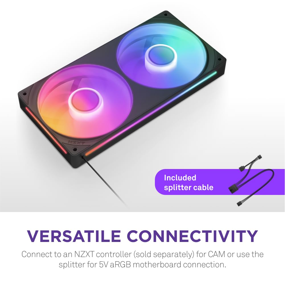 NZXT F240 RGB Core - 240mm Single-Frame Fan Unit with 2 x 120mm RGB Fans - Speed & Lighting Control - High Static Pressure & Airflow - Fluid Dynamic Bearings - 8 aRGB LEDs Per Fan - Black