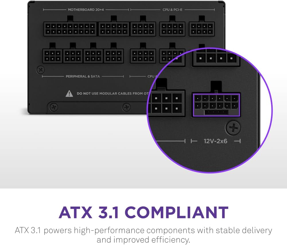 NZXT C1200 Gold ATX 3.1 - Fully Modular Low-Noise PC Gaming Power Supply - 1200 Watts - 80 Plus Gold - 12V-2x6 Connector - Zero Fan Mode - 100% Japanese Capacitors - Black