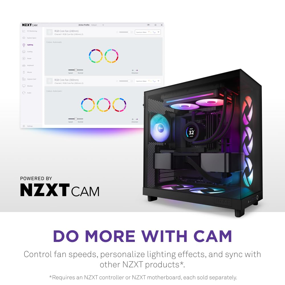 NZXT F240 RGB Core - 240mm Single-Frame Fan Unit with 2 x 120mm RGB Fans - Speed & Lighting Control - High Static Pressure & Airflow - Fluid Dynamic Bearings - 8 aRGB LEDs Per Fan - Black