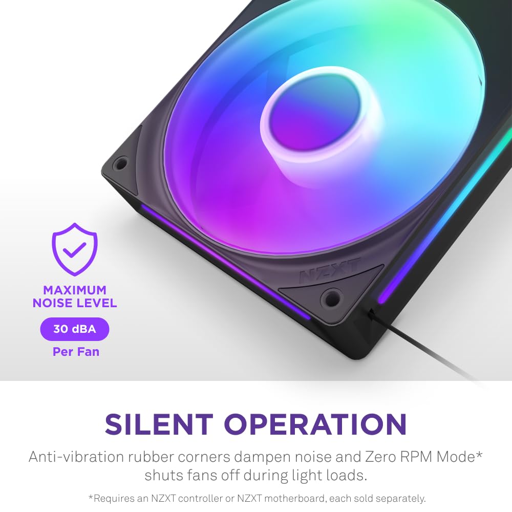 NZXT F240 RGB Core - 240mm Single-Frame Fan Unit with 2 x 120mm RGB Fans - Speed & Lighting Control - High Static Pressure & Airflow - Fluid Dynamic Bearings - 8 aRGB LEDs Per Fan - Black