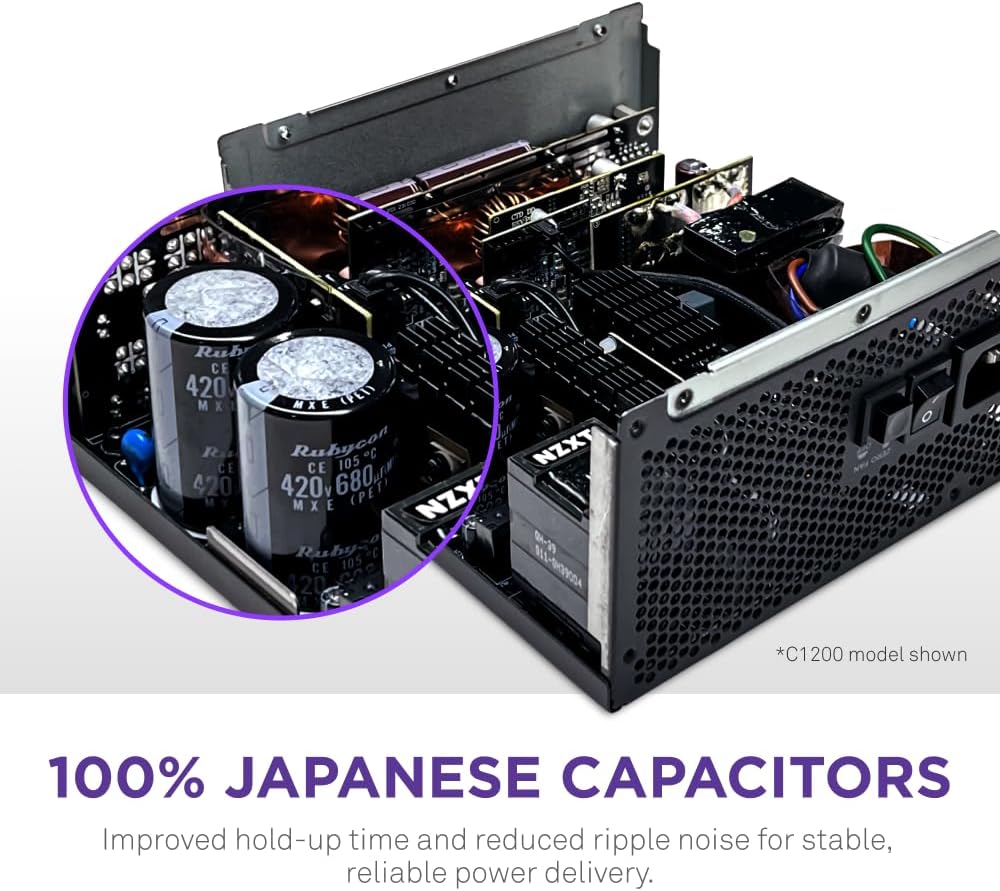 NZXT C1200 Gold ATX 3.1 - Fully Modular Low-Noise PC Gaming Power Supply - 1200 Watts - 80 Plus Gold - 12V-2x6 Connector - Zero Fan Mode - 100% Japanese Capacitors - Black